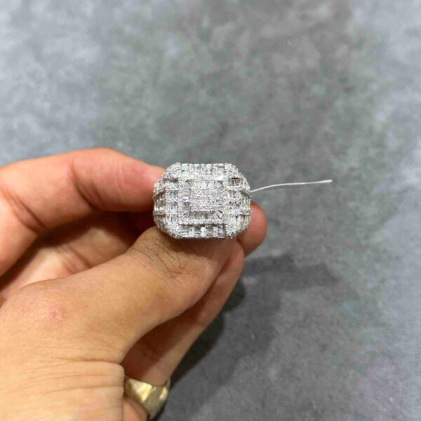 14K WHITE GOLD "BAGUETTE" SQUARE ICED BUST DOWN RING