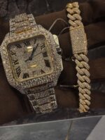 Fully iced Cartier-style watch & Cuban link bracelet set – bust down luxury combo