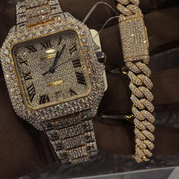 Fully iced Cartier-style watch & Cuban link bracelet set – bust down luxury combo