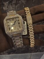 Fully iced Cartier-style watch & Cuban link bracelet set – bust down luxury combo - Image 3