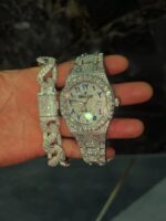 Fully iced AP-style watch & Cuban link bracelet set – white ice bust down combo
