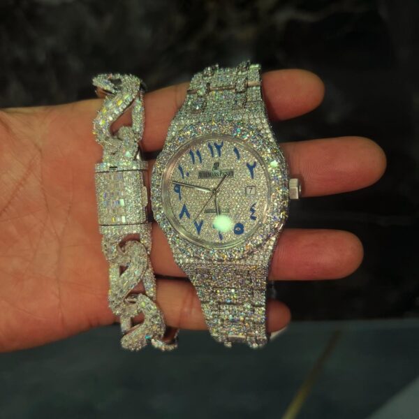 Fully iced AP-style watch & Cuban link bracelet set – white ice bust down combo