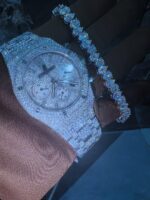 Fully iced AP-style chronograph watch & heart-cut tennis bracelet set – white ice luxury combo - Image 2
