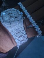 Fully iced AP-style chronograph watch & heart-cut tennis bracelet set – white ice luxury combo