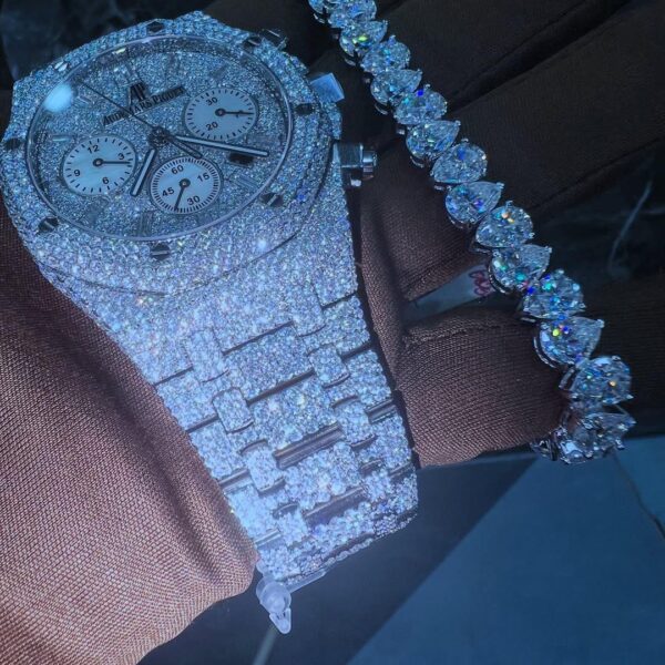 Fully iced AP-style chronograph watch & heart-cut tennis bracelet set – white ice luxury combo
