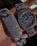Fully iced Rolex-style Datejust watch & Cuban link bracelet set – white ice bust down combo