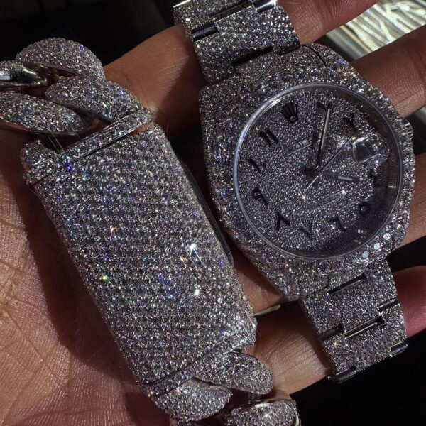 Fully iced Rolex-style Datejust watch & Cuban link bracelet set – white ice bust down combo