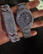Fully iced Rolex-style Datejust watch & Cuban link bracelet set – white ice bust down combo - Image 3