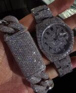 Fully iced Rolex-style Datejust watch & Cuban link bracelet set – white ice bust down combo - Image 4