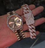 Rose gold iced luxury watch & Cuban link bracelet set – day-date style combo