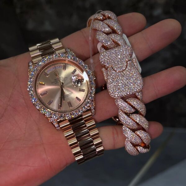 Rose gold iced luxury watch & Cuban link bracelet set – day-date style combo