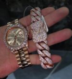Rose gold iced luxury watch & Cuban link bracelet set – day-date style combo - Image 2