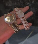 Rose gold iced luxury watch & Cuban link bracelet set – day-date style combo - Image 4