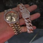 Rose gold iced luxury watch & Cuban link bracelet set – day-date style combo - Image 3