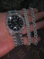 Iced silver luxury watch & bracelet trio set – Datejust style with matching shine