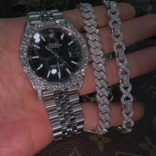 Iced silver luxury watch & bracelet trio set – Datejust style with matching shine