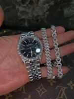 Iced silver luxury watch & bracelet trio set – Datejust style with matching shine - Image 3