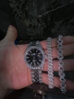 Iced silver luxury watch & bracelet trio set – Datejust style with matching shine - Image 2
