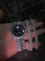 Iced silver luxury watch & bracelet trio set – Datejust style with matching shine - Image 4