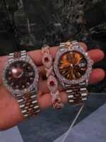 Rose gold & silver iced watch set with gemstone bracelet – luxury couple style combo