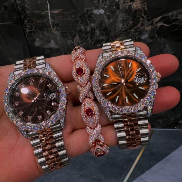Rose gold & silver iced watch set with gemstone bracelet – luxury couple style combo
