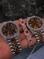 Rose gold & silver iced watch set with gemstone bracelet – luxury couple style combo - Image 2