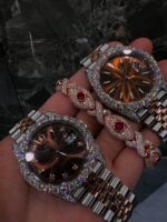 Rose gold & silver iced watch set with gemstone bracelet – luxury couple style combo - Image 4