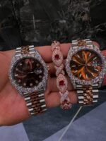 Rose gold & silver iced watch set with gemstone bracelet – luxury couple style combo - Image 3
