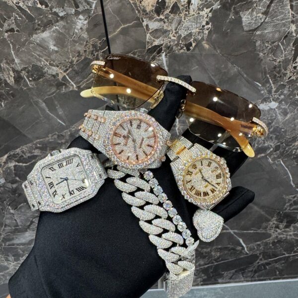 Ultimate iced luxury combo – watches, bracelet & designer sunglasses set