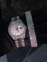 Iced silver luxury watch & baguette bracelet set – clean diamond drip combo - Image 2