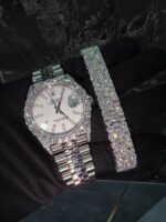 Iced silver luxury watch & baguette bracelet set – clean diamond drip combo
