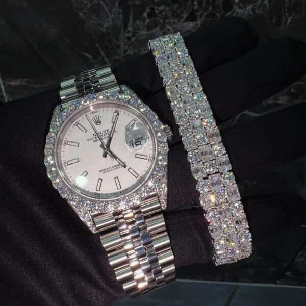 Iced silver luxury watch & baguette bracelet set – clean diamond drip combo