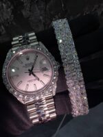 Iced silver luxury watch & baguette bracelet set – clean diamond drip combo - Image 4