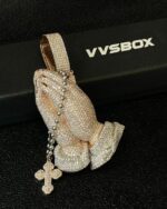 Fully Iced Praying Hands Pendant – Rose Gold Bust Down Moissanite Piece