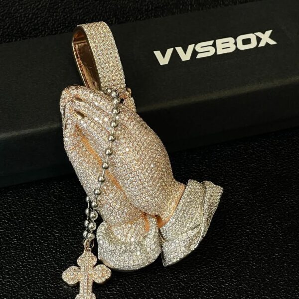 Fully Iced Praying Hands Pendant – Rose Gold Bust Down Moissanite Piece
