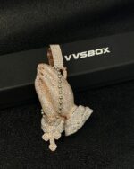 Fully Iced Praying Hands Pendant – Rose Gold Bust Down Moissanite Piece - Image 2