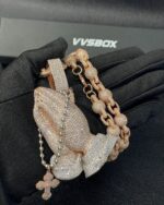 Fully Iced Praying Hands Pendant – Rose Gold Bust Down Moissanite Piece - Image 3