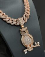 Fully iced owl pendant with Cuban chain – rose gold bust down moissanite piece - Image 2