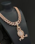 Fully iced owl pendant with Cuban chain – rose gold bust down moissanite piece