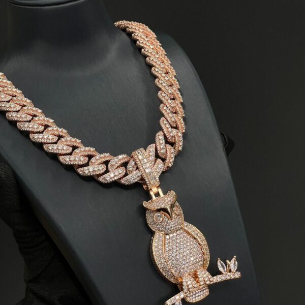 Fully iced owl pendant with Cuban chain – rose gold bust down moissanite piece
