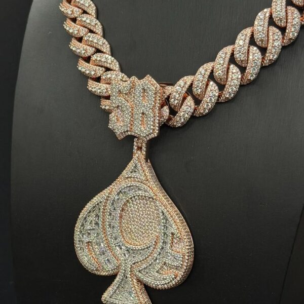Fully iced spade pendant with Cuban link chain – bust down moissanite poker statement set