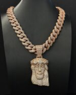 Fully iced Jesus face pendant with Cuban link chain – bust down moissanite religious statement piece