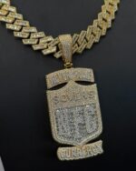 Fully iced currency shield pendant with Cuban link chain – bust down moissanite money statement set - Image 2