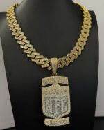 Fully iced currency shield pendant with Cuban link chain – bust down moissanite money statement set