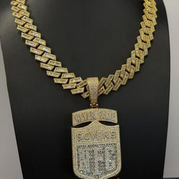 Fully iced currency shield pendant with Cuban link chain – bust down moissanite money statement set