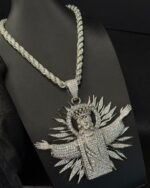 Fully iced Jesus halo pendant with rope chain – bust down moissanite religious statement piece