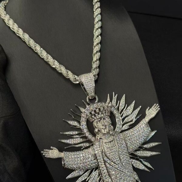 Fully iced Jesus halo pendant with rope chain – bust down moissanite religious statement piece