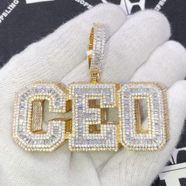 Fully iced “CEO” letter pendant – gold and white ice moissanite custom name piece