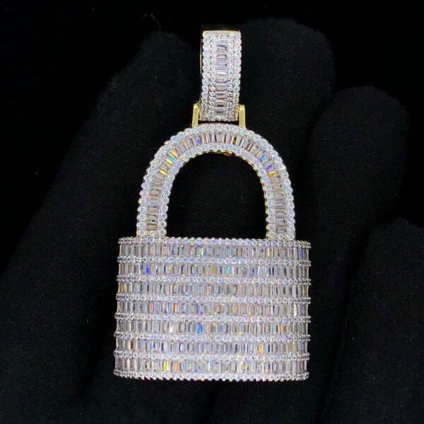 Fully iced padlock pendant – baguette moissanite luxury lock piece