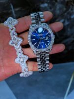Iced silver watch & floral bracelet set – blue dial luxury combo - Image 2
